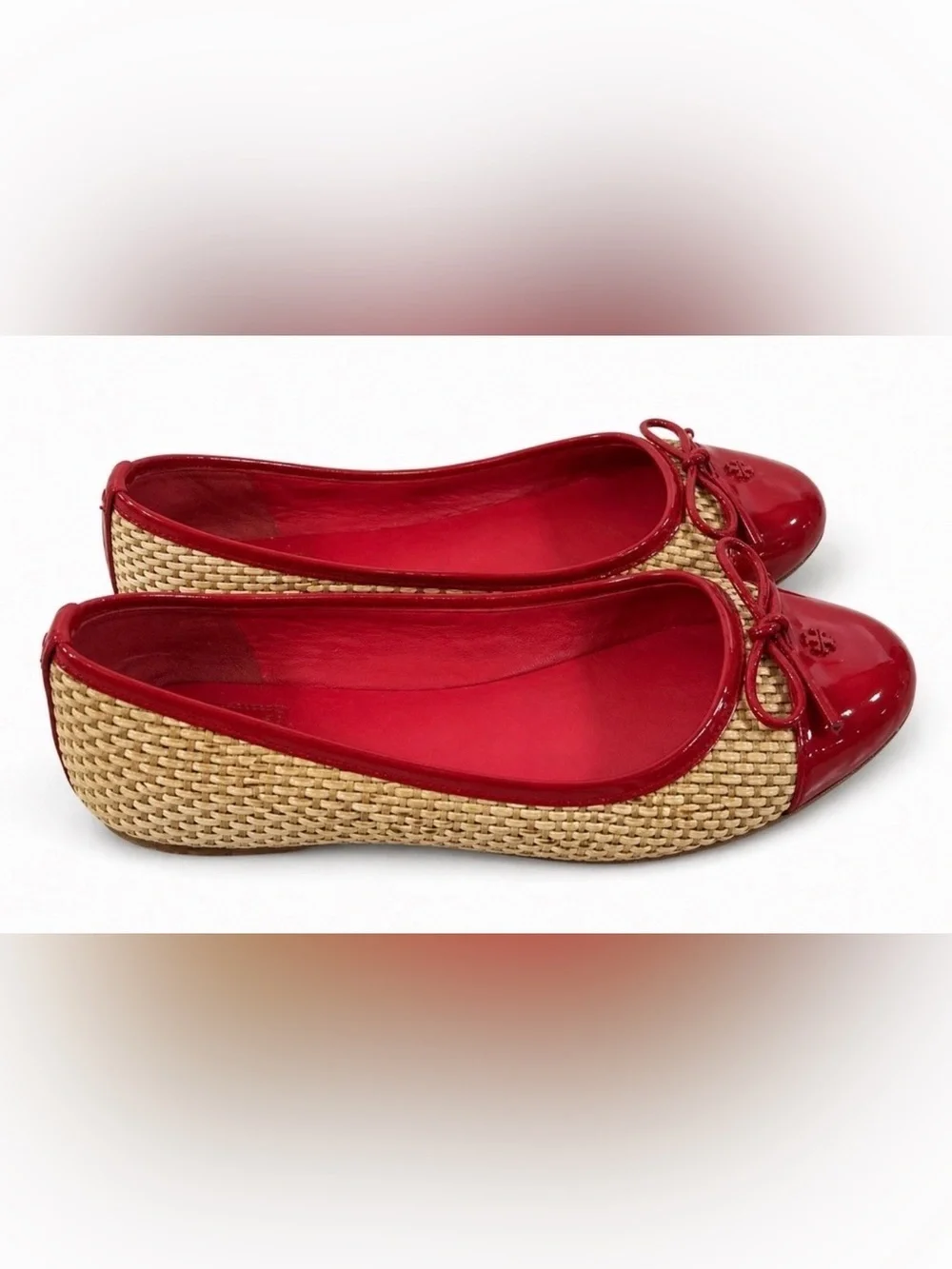 Tory Burch Reva Ballet Flats Red Patent & Raffia Woven Shoes Size 8.5M